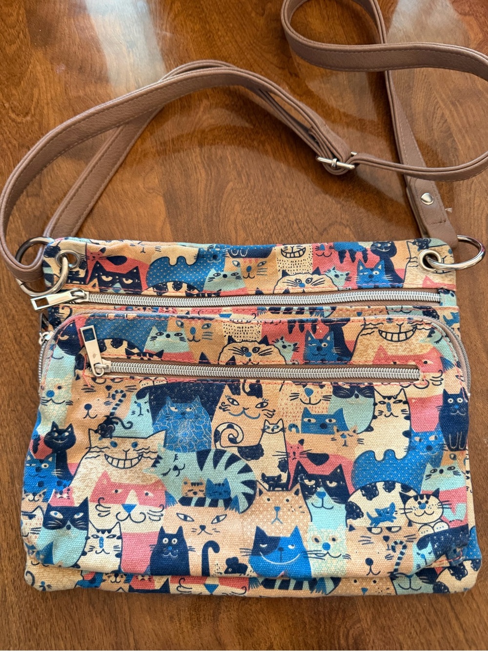 Cute Cat Print Purse/ Crossbody. Blue, pink, cream.